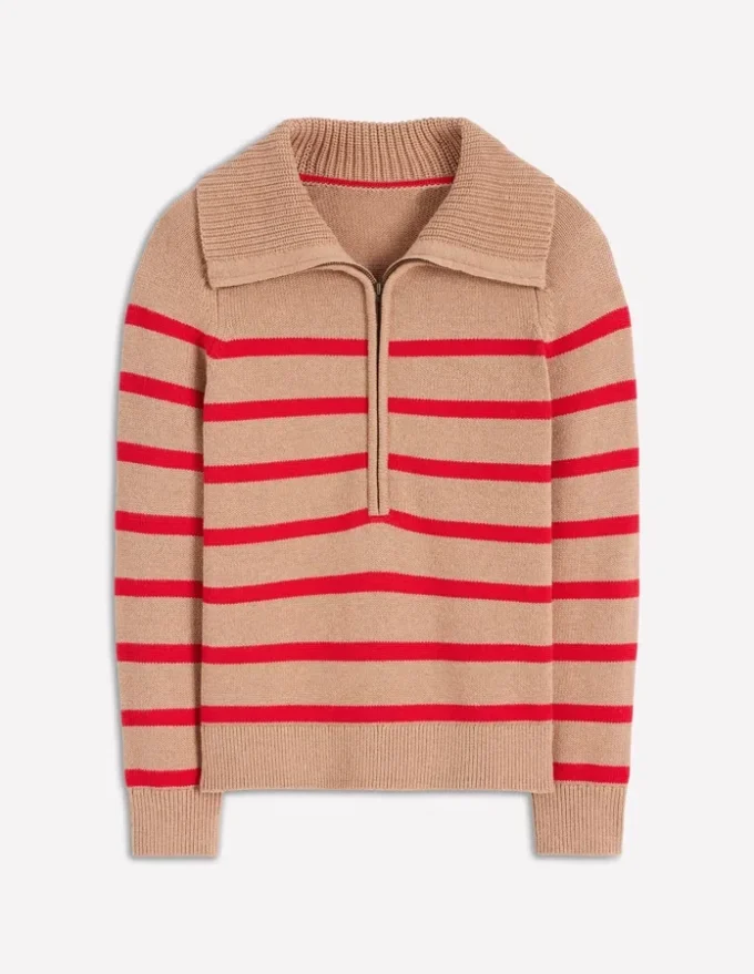 Lucy Half-zip Sweater Camel Melange, Red Stripe Lucy Half-zip Sweater Camel Melange, Red Stripe