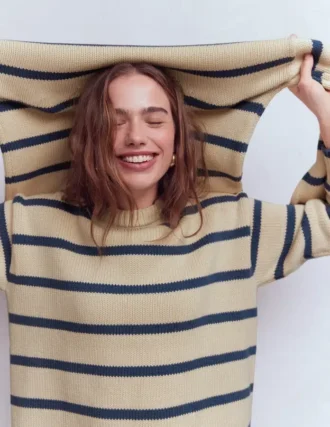 Lucy Oversized Cotton Jumper Almond Milk/ Denim Blue Stripe