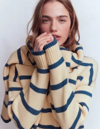 Lucy Oversized Cotton Jumper Almond Milk/ Denim Blue Stripe
