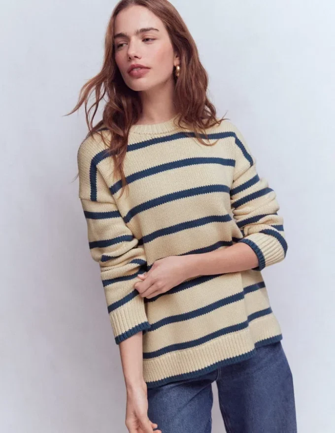 Lucy Oversized Cotton Jumper Almond Milk/ Denim Blue Stripe Lucy Oversized Cotton Jumper Almond Milk/ Denim Blue Stripe