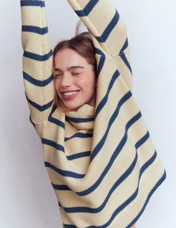 Lucy Oversized Cotton Jumper Almond Milk/ Denim Blue Stripe Lucy Oversized Cotton Jumper Almond Milk/ Denim Blue Stripe