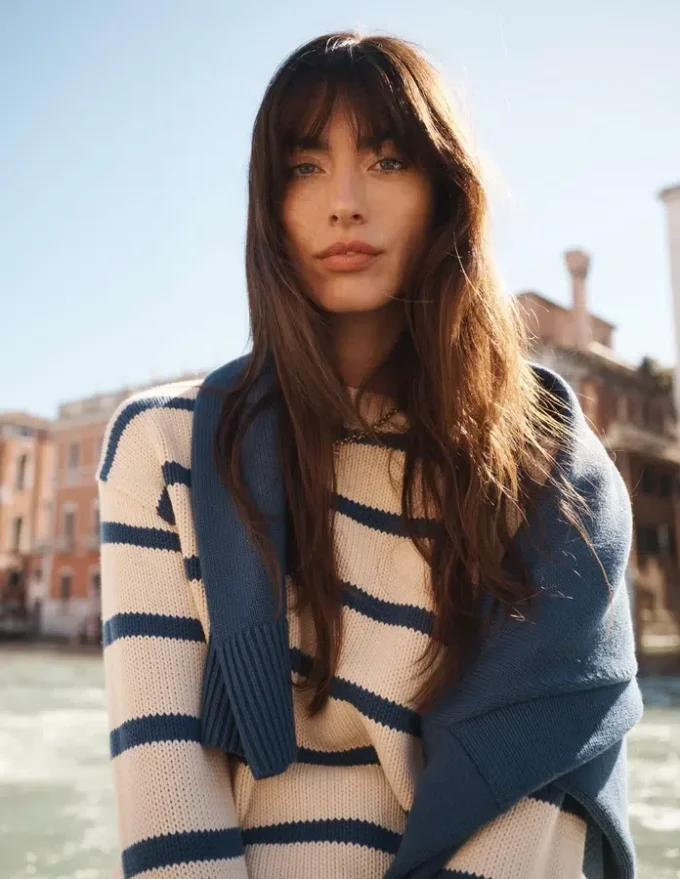 Lucy Oversized Cotton Jumper Almond Milk/ Denim Blue Stripe Lucy Oversized Cotton Jumper Almond Milk/ Denim Blue Stripe