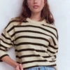 Lucy Relaxed Cotton Sweater Ivory, Brown Lucy Relaxed Cotton Sweater Ivory, Brown