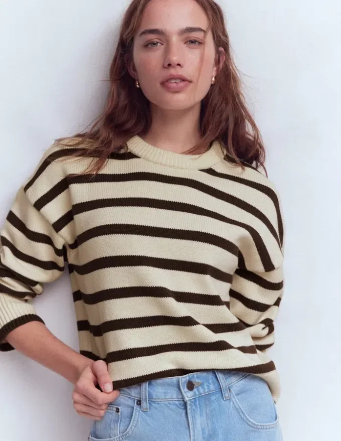 Lucy Relaxed Cotton Sweater Ivory, Brown Lucy Relaxed Cotton Sweater Ivory, Brown