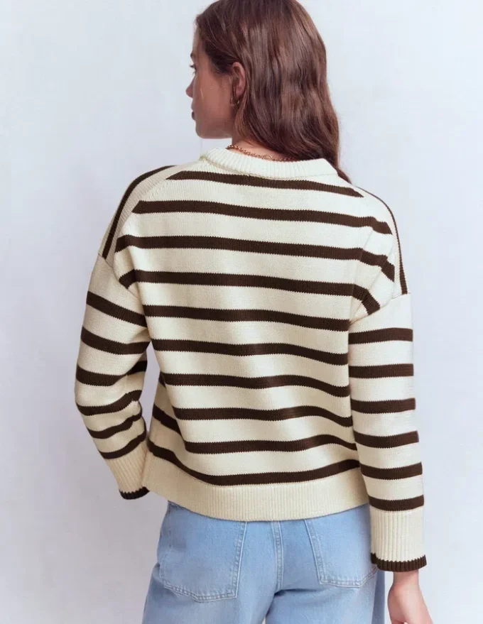 Lucy Relaxed Cotton Sweater Ivory, Brown Lucy Relaxed Cotton Sweater Ivory, Brown