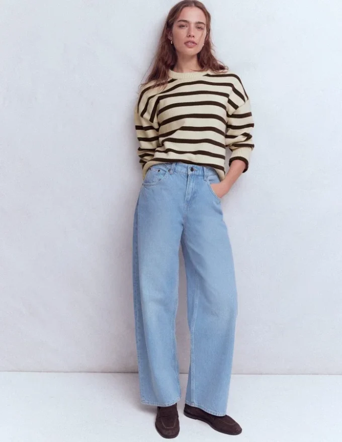 Lucy Relaxed Cotton Sweater Ivory, Brown Lucy Relaxed Cotton Sweater Ivory, Brown