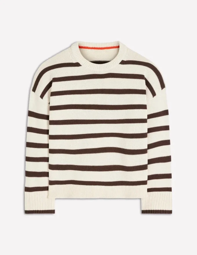 Lucy Relaxed Cotton Sweater Ivory, Brown Lucy Relaxed Cotton Sweater Ivory, Brown