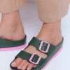 Lyla Double Buckle Sliders Khaki/Pink