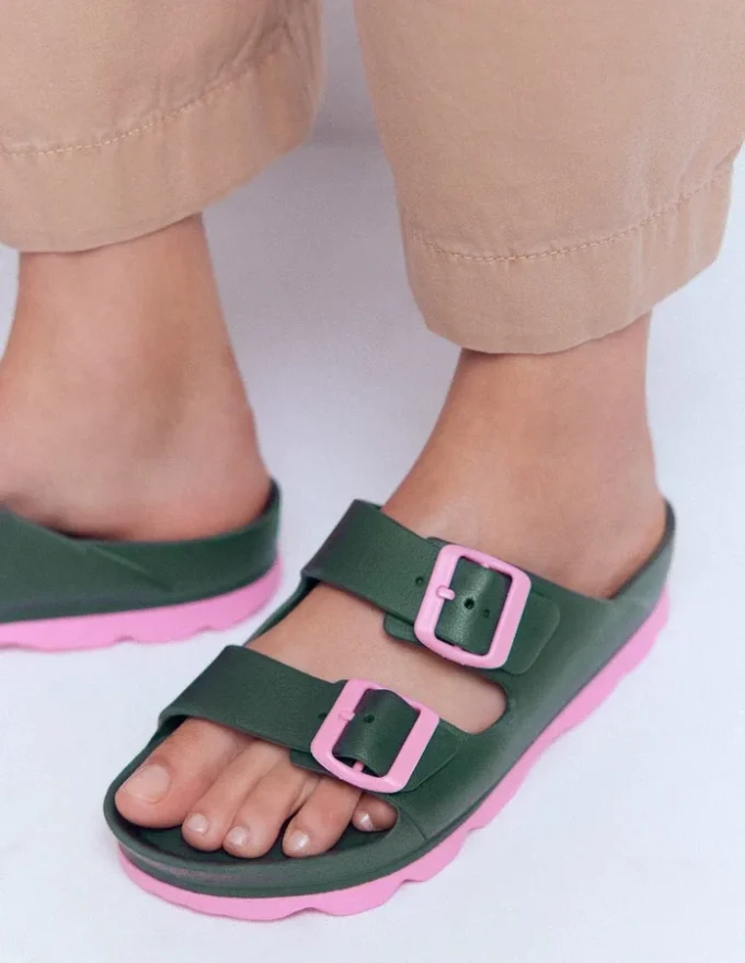 Lyla Double Buckle Sliders Khaki/Pink