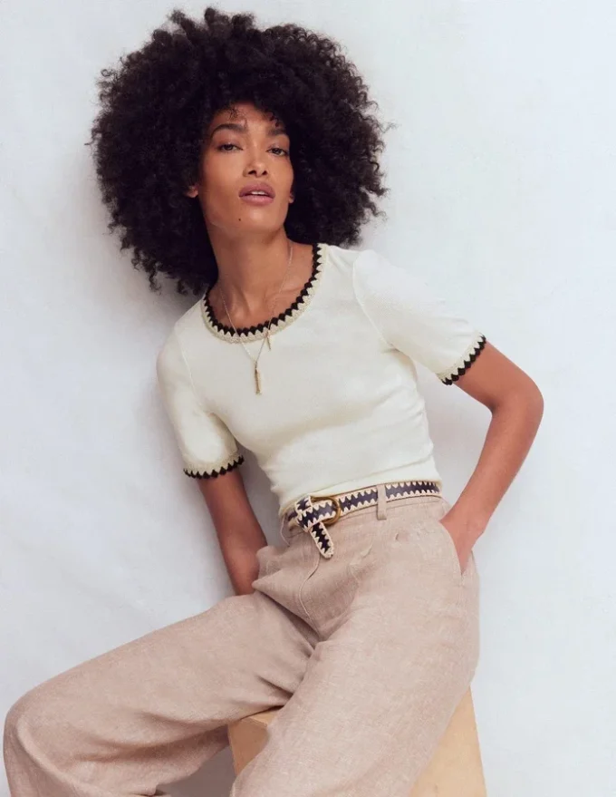 Maddie Trim Detail T-Shirt Ivory with Black