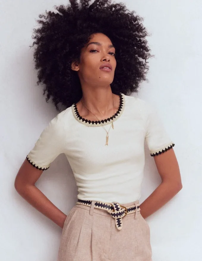 Maddie Trim Detail T-Shirt Ivory with Black