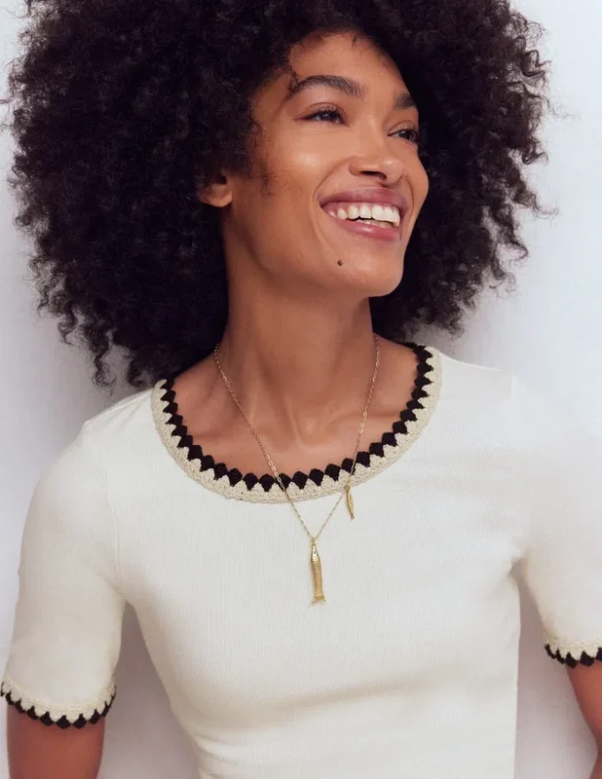 Maddie Trim Detail T-Shirt Ivory with Black