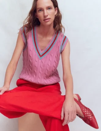Maeve Cable V Neck Tank Pink, Red