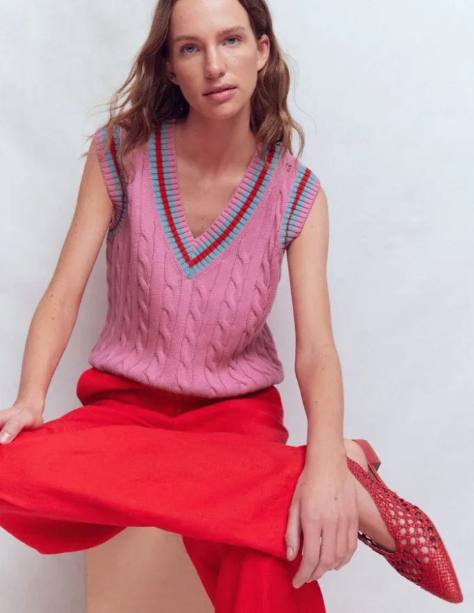 Maeve Cable V Neck Tank Pink, Red Maeve Cable V Neck Tank Pink, Red