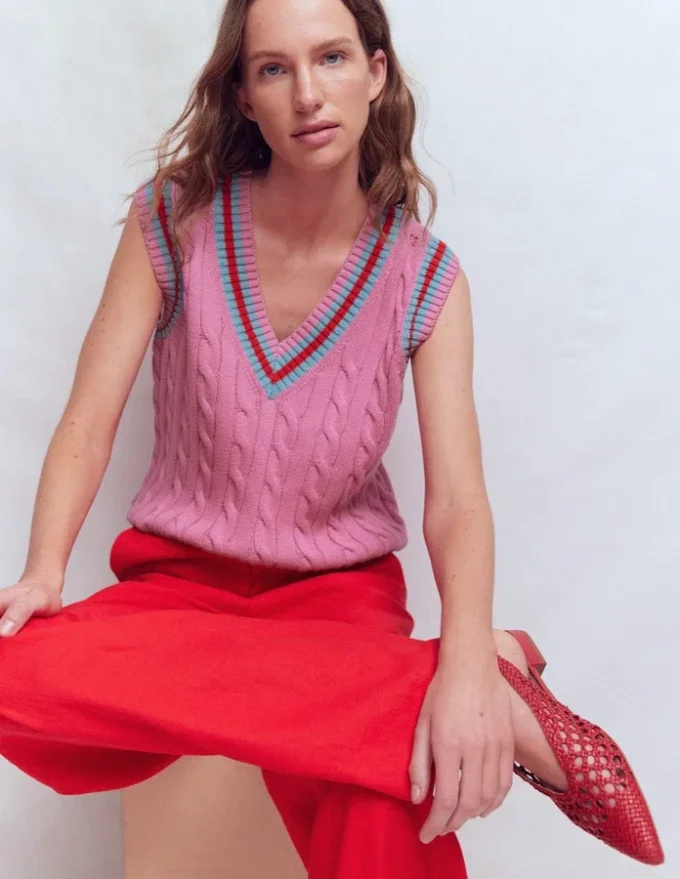 Maeve Cable V Neck Tank Pink, Red Maeve Cable V Neck Tank Pink, Red