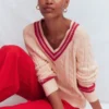 Maeve Textured Cotton Jumper Ivory Cable, Red Maeve Textured Cotton Jumper Ivory Cable, Red