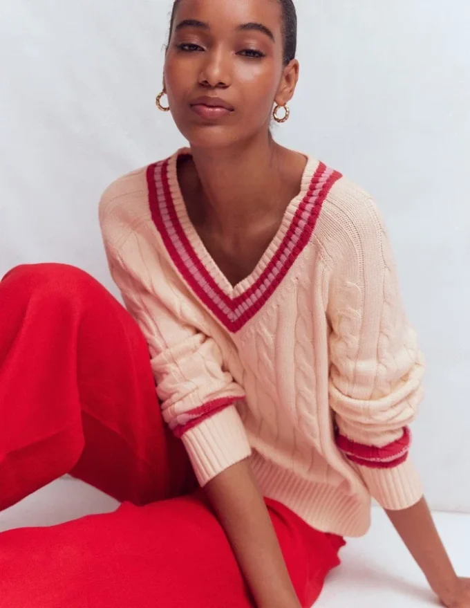 Maeve Textured Cotton Jumper Ivory Cable, Red Maeve Textured Cotton Jumper Ivory Cable, Red