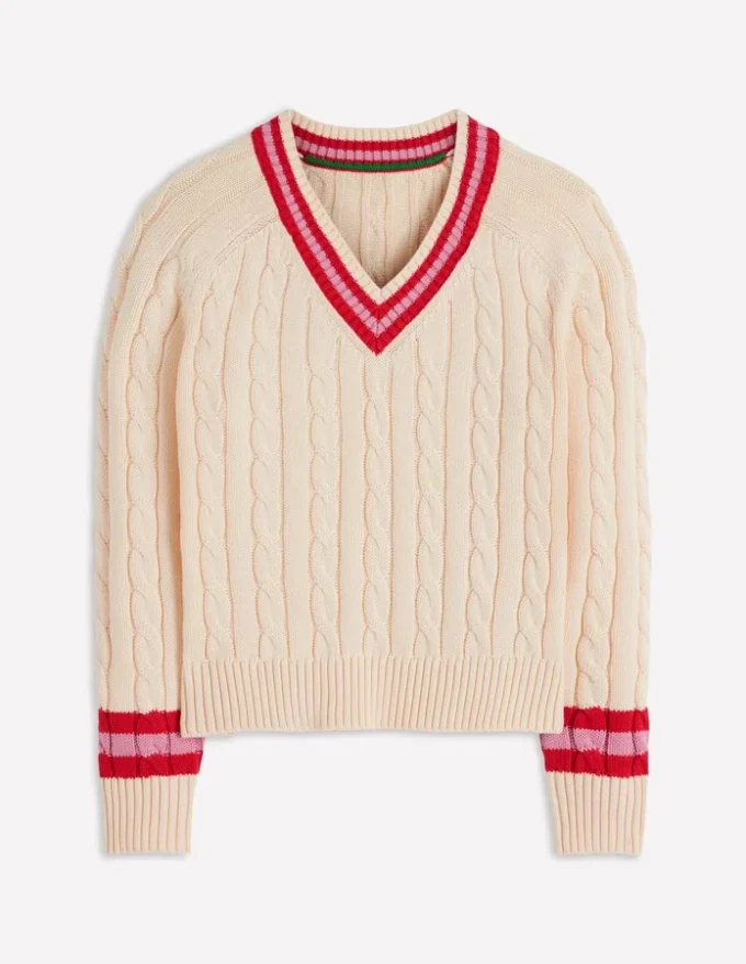 Maeve Textured Cotton Jumper Ivory Cable, Red Maeve Textured Cotton Jumper Ivory Cable, Red