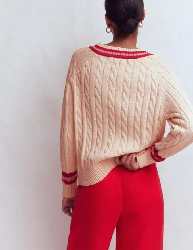 Maeve Textured Cotton Jumper Ivory Cable, Red Maeve Textured Cotton Jumper Ivory Cable, Red