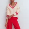 Maeve Textured Cotton Jumper Ivory Cable, Red Maeve Textured Cotton Jumper Ivory Cable, Red