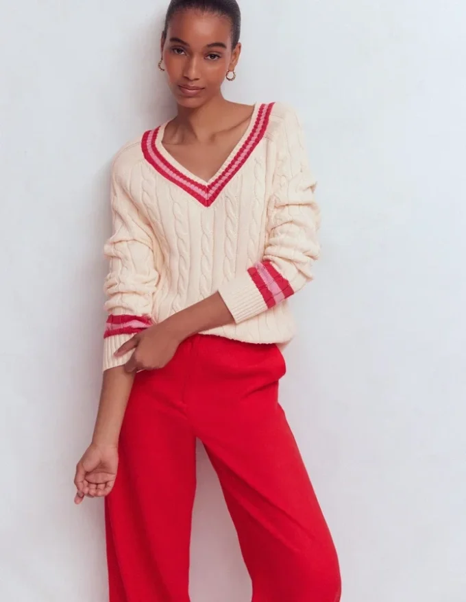Maeve Textured Cotton Jumper Ivory Cable, Red Maeve Textured Cotton Jumper Ivory Cable, Red
