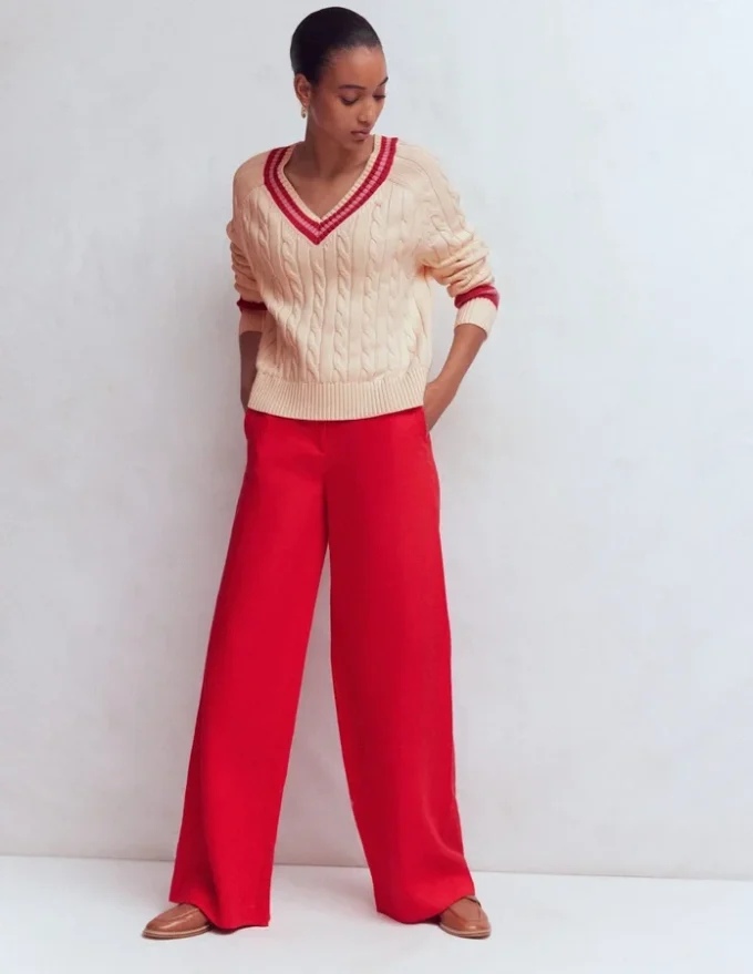 Maeve Textured Cotton Jumper Ivory Cable, Red Maeve Textured Cotton Jumper Ivory Cable, Red