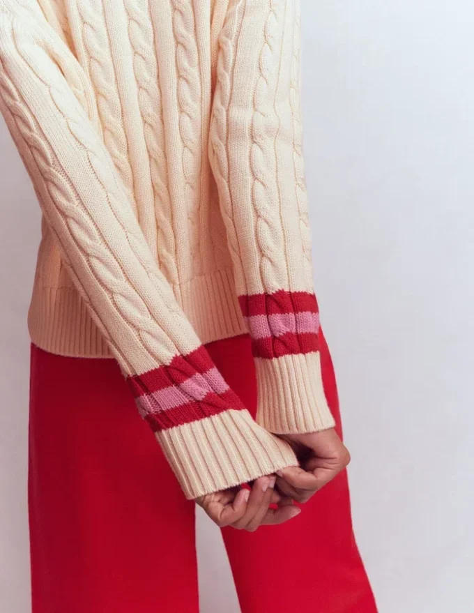 Maeve Textured Cotton Jumper Ivory Cable, Red Maeve Textured Cotton Jumper Ivory Cable, Red