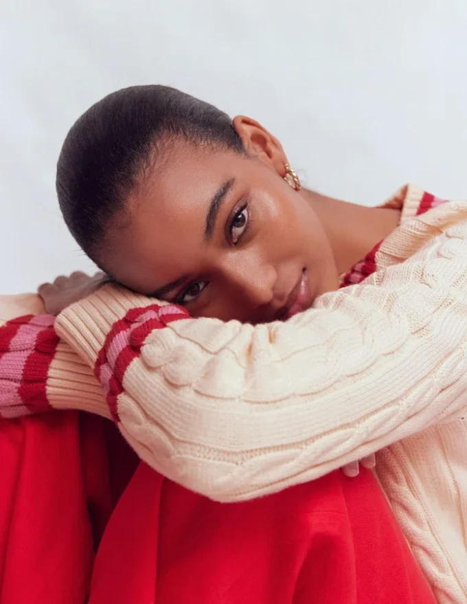 Maeve Textured Cotton Jumper Ivory Cable, Red Maeve Textured Cotton Jumper Ivory Cable, Red
