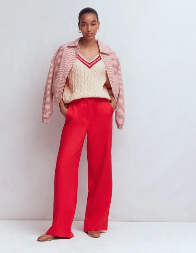 Maeve Textured Cotton Jumper Ivory Cable, Red Maeve Textured Cotton Jumper Ivory Cable, Red