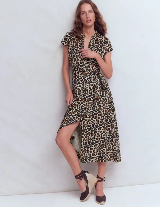 Marcia Jersey Shirt Dress Almond Milk, Cheetah Pop