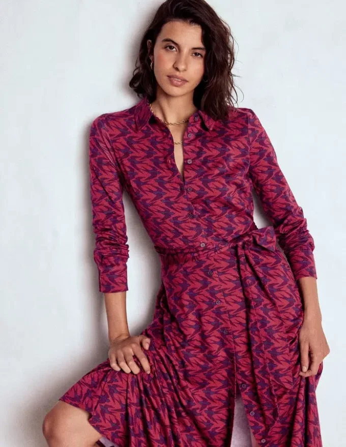 Marcia Jersey Shirt Dress Burgundy Red, Swooping Swallow
