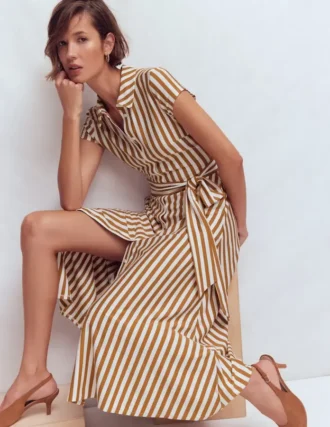 Marcia Jersey Shirt Dress Cognac and Ivory Stripe