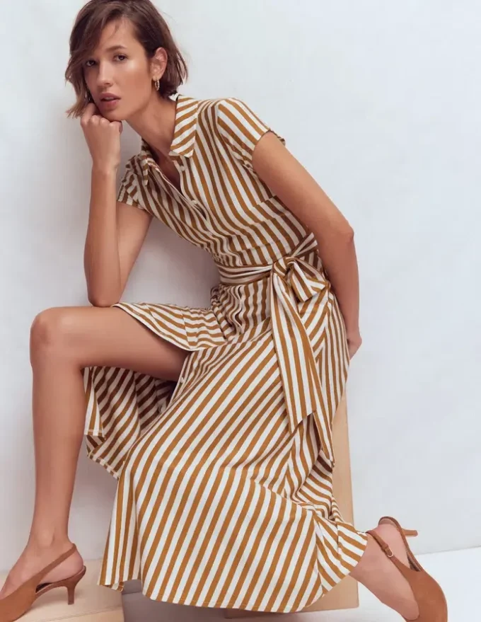 Marcia Jersey Shirt Dress Cognac and Ivory Stripe Marcia Jersey Shirt Dress Cognac and Ivory Stripe