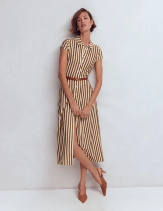 Marcia Jersey Shirt Dress Cognac and Ivory Stripe