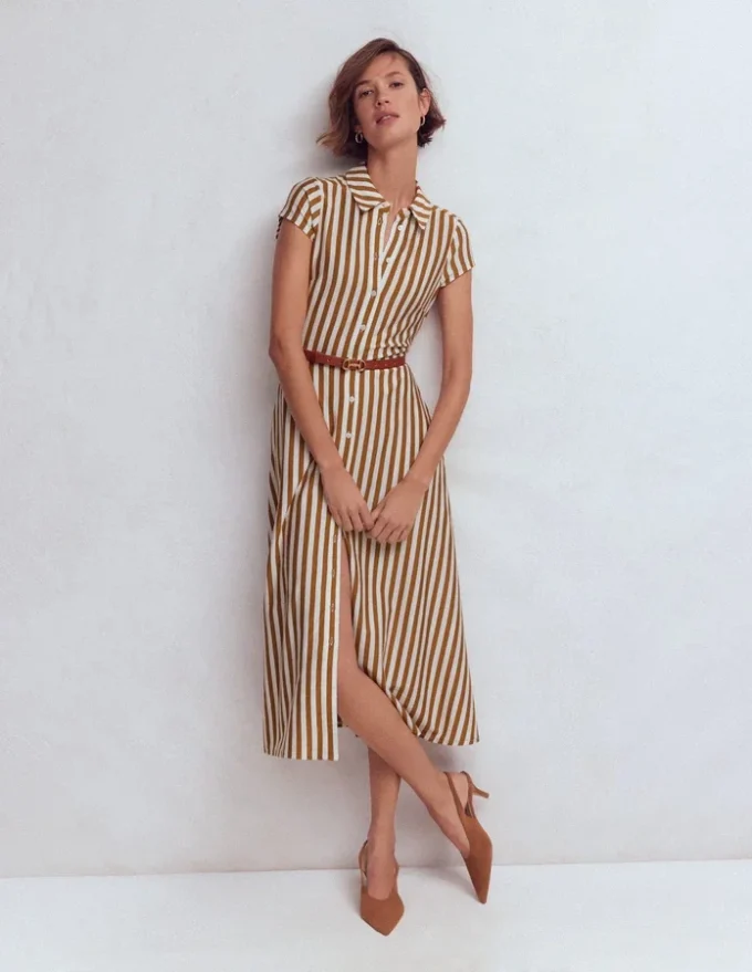 Marcia Jersey Shirt Dress Cognac and Ivory Stripe Marcia Jersey Shirt Dress Cognac and Ivory Stripe