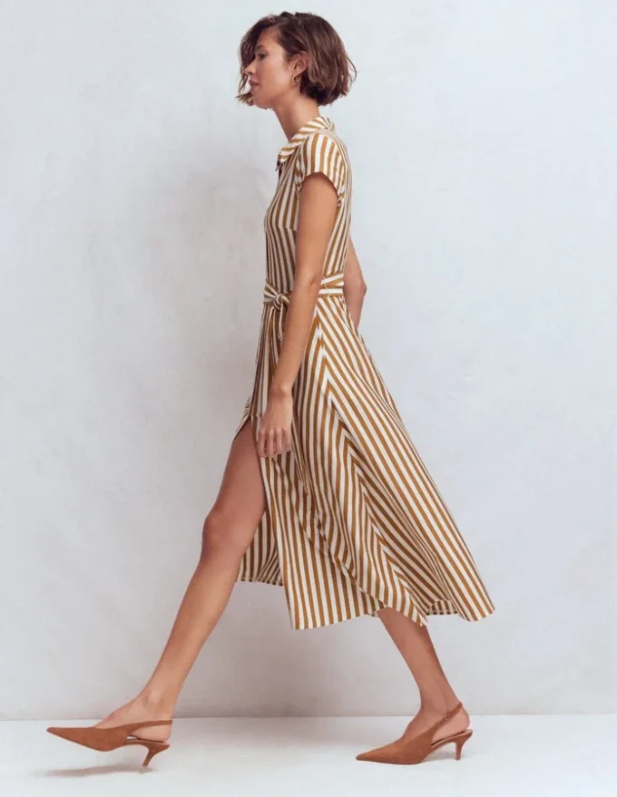 Marcia Jersey Shirt Dress Cognac and Ivory Stripe Marcia Jersey Shirt Dress Cognac and Ivory Stripe
