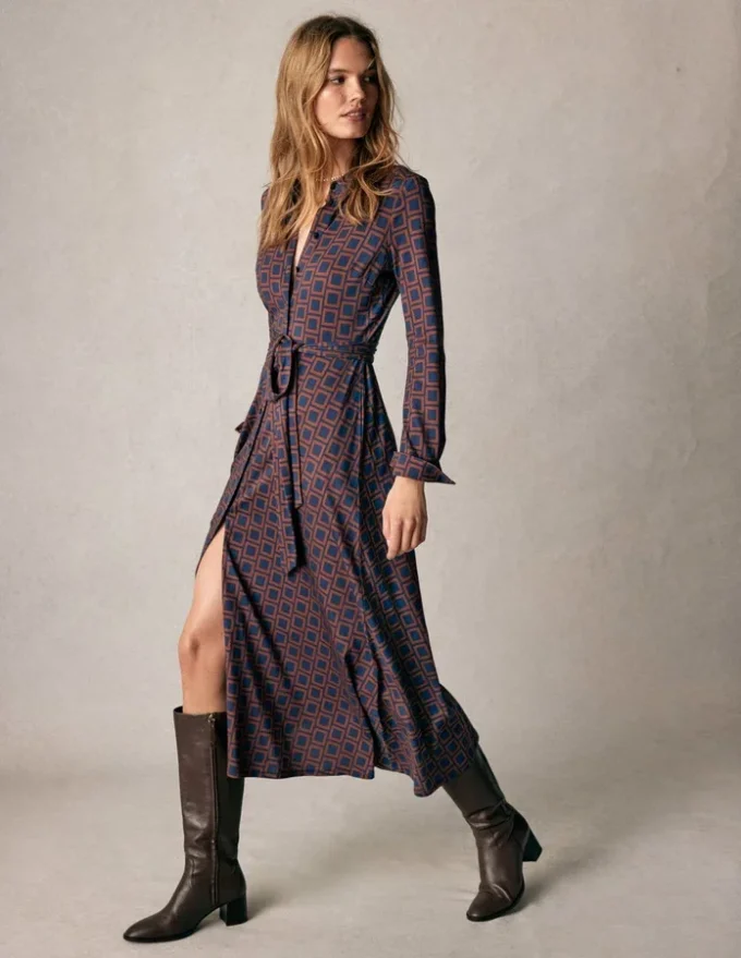 Marcia Jersey Shirt Dress French Navy, Square Geometric