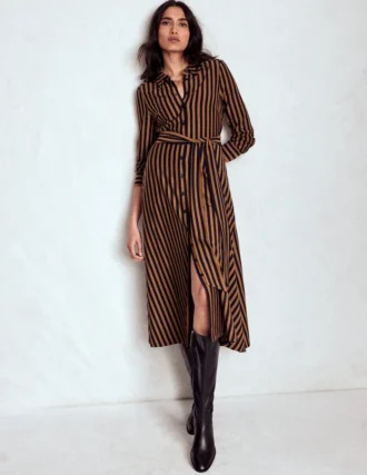 Marcia Jersey Shirt Dress Gingerbread and Navy Stripe Marcia Jersey Shirt Dress Gingerbread and Navy Stripe