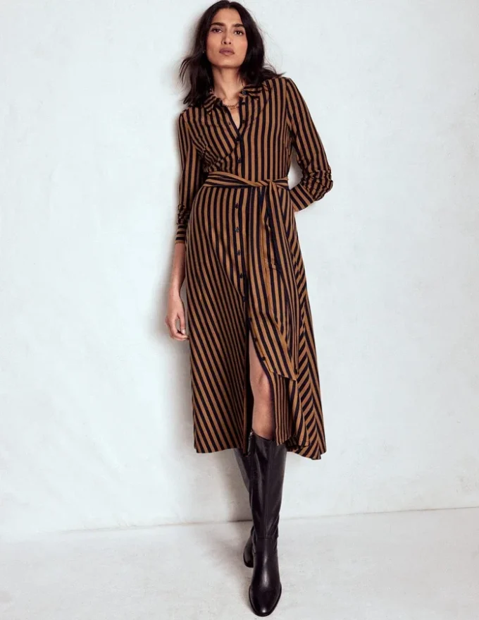Marcia Jersey Shirt Dress Gingerbread and Navy Stripe Marcia Jersey Shirt Dress Gingerbread and Navy Stripe