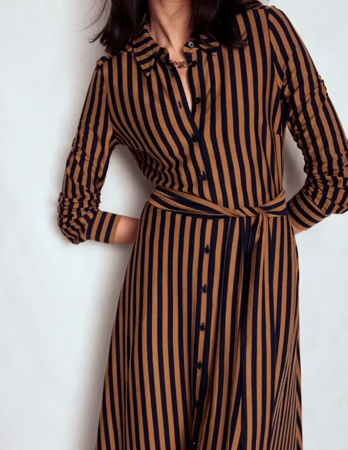Marcia Jersey Shirt Dress Gingerbread and Navy Stripe Marcia Jersey Shirt Dress Gingerbread and Navy Stripe