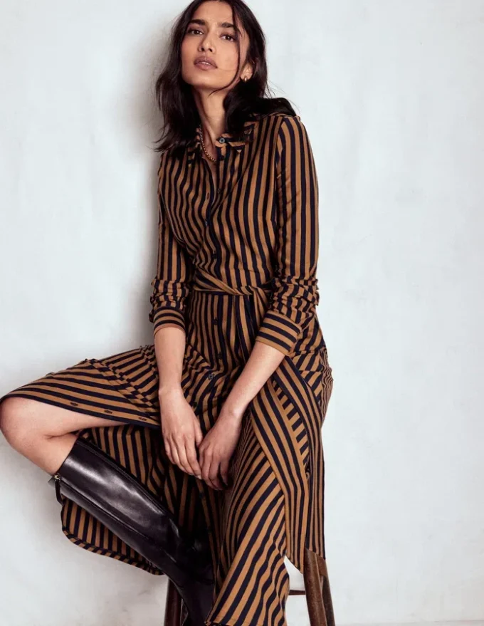 Marcia Jersey Shirt Dress Gingerbread and Navy Stripe Marcia Jersey Shirt Dress Gingerbread and Navy Stripe