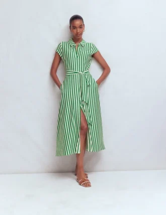Marcia Jersey Shirt Dress Green and Ivory Stripe