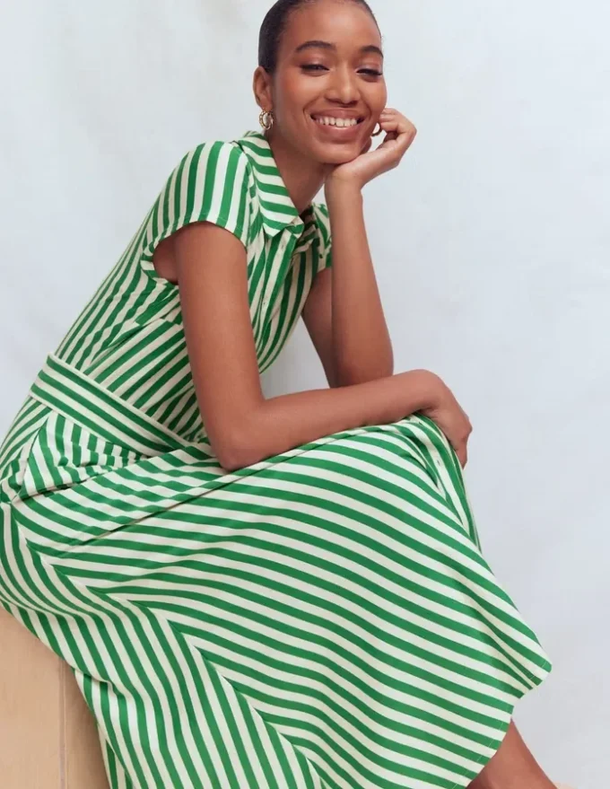 Marcia Jersey Shirt Dress Green and Ivory Stripe Marcia Jersey Shirt Dress Green and Ivory Stripe