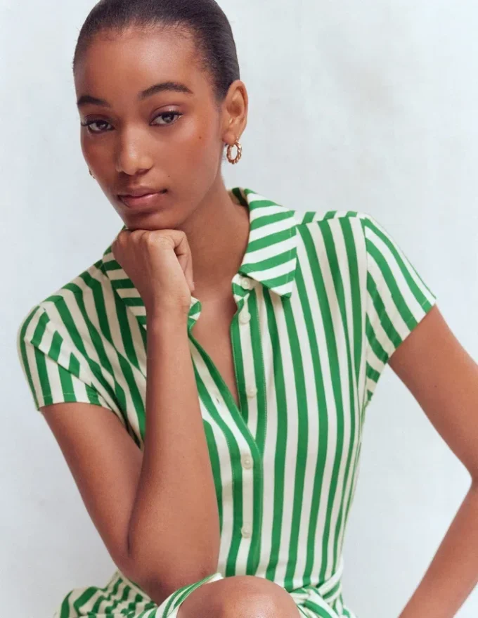 Marcia Jersey Shirt Dress Green and Ivory Stripe Marcia Jersey Shirt Dress Green and Ivory Stripe