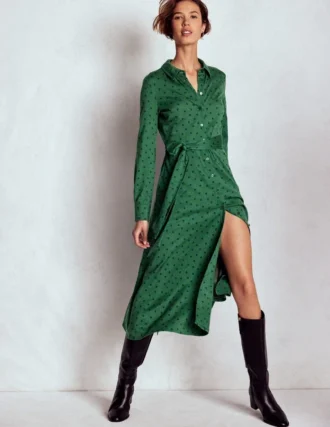 Marcia Jersey Shirt Dress Hunter Green, Painted Dot