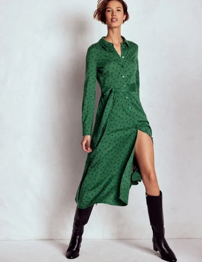 Marcia Jersey Shirt Dress Hunter Green, Painted Dot
