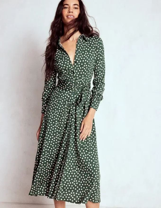 Marcia Jersey Shirt Dress Hunter Green, Painted Dot Marcia Jersey Shirt Dress Hunter Green, Painted Dot