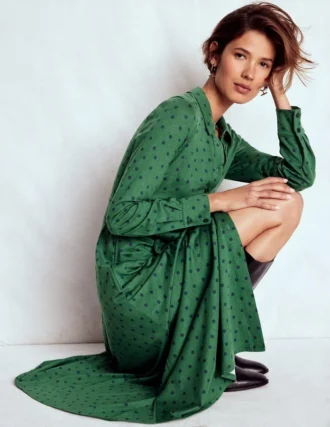 Marcia Jersey Shirt Dress Hunter Green, Painted Dot