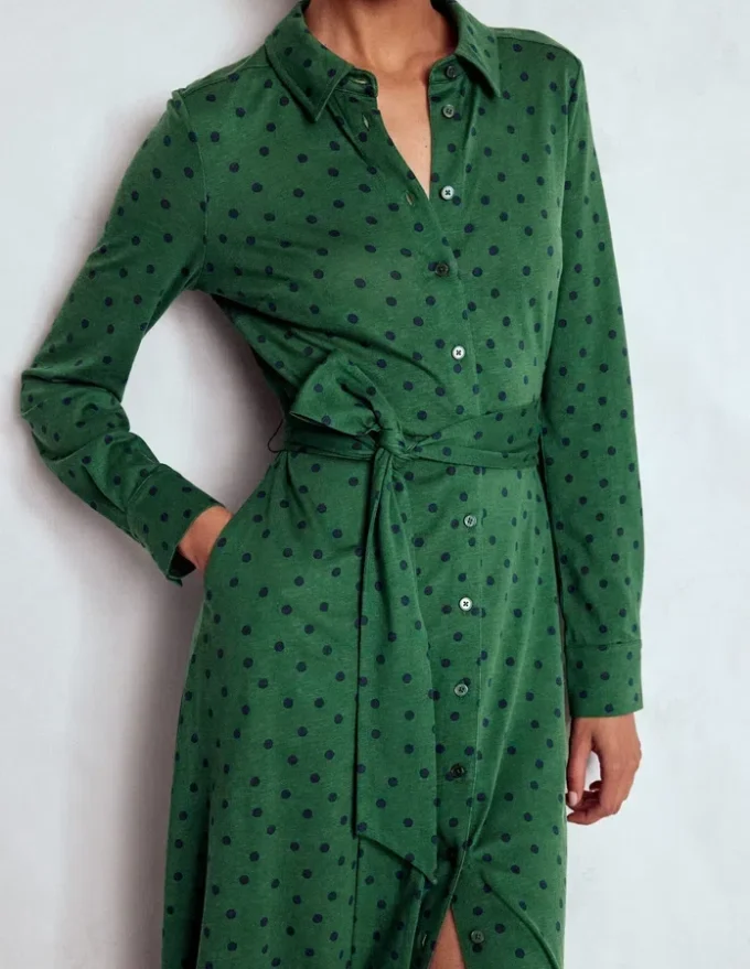 Marcia Jersey Shirt Dress Hunter Green, Painted Dot