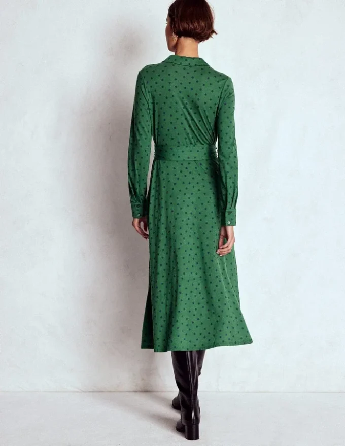 Marcia Jersey Shirt Dress Hunter Green, Painted Dot